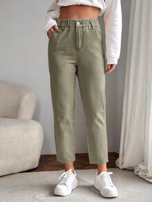 EMERY ROSE Paperbag Waist Straight Leg Jeans - Army Green - View 3