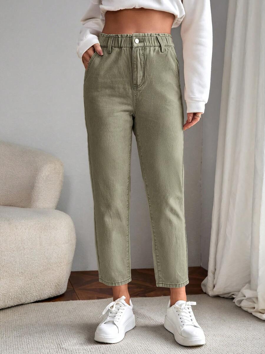 EMERY ROSE Jeans de pierna recta de cintura con volante - Verde militar - Ver 1