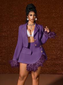 Maweii 2pcs/Set Fashionable Pink Patchwork Faux Fur Blazer Jacket And Mini Skirt Suit - Purple - View 5