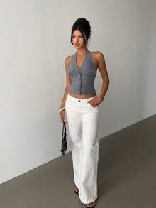 Aloruh Women's Deep V-Neck Single-Breasted Sleeveless Top, Deep Grey - Dark Grey - View 5