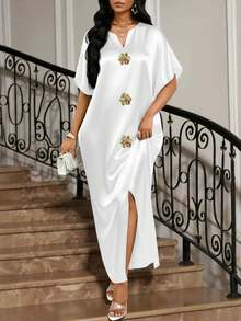 SHEIN Lady 四季皆宜的节日礼服/婚礼宾客/礼服/舞会礼服/金色/晚宴礼服/金色女士缎面提花前开衩连衣裙，休闲派对优雅 - 白色 - 查看 4