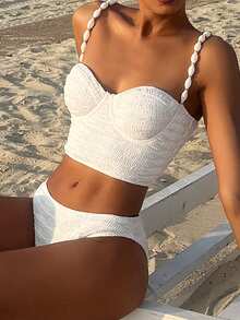 Swim Vcay 2026 Spring/Summer White Special Fabric Beaded Strap Women's Bikini Set White Two Piece Swimsuit Two Piece Beach Set Textured Bikini Bikini High Waisted Set Beach Two Piece Set Seashell Bikini White Bikini Set