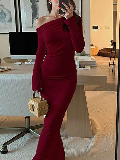 INAWLY Solva 1 件女士纯色不对称领口褶皱优雅长袖连衣裙