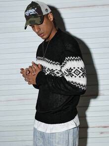 Modcrash 男士休闲百搭格子圣诞嵌花针织套头毛衣，适合春、秋、冬三季穿着。 - 黑色 - 查看 5