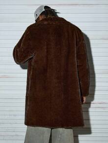 Modcrash Men's Luxury Faux Mink Long Coat Winter Warm Brown Suit Lapel Jacket