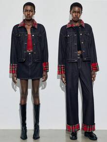 Maija American Retro Red Plaid Patchwork Denim Jacket, Loose Fit, Versatile Casual Jacket, Winter Thermal Lined Coat, Christmas. - Dark Wash - View 2