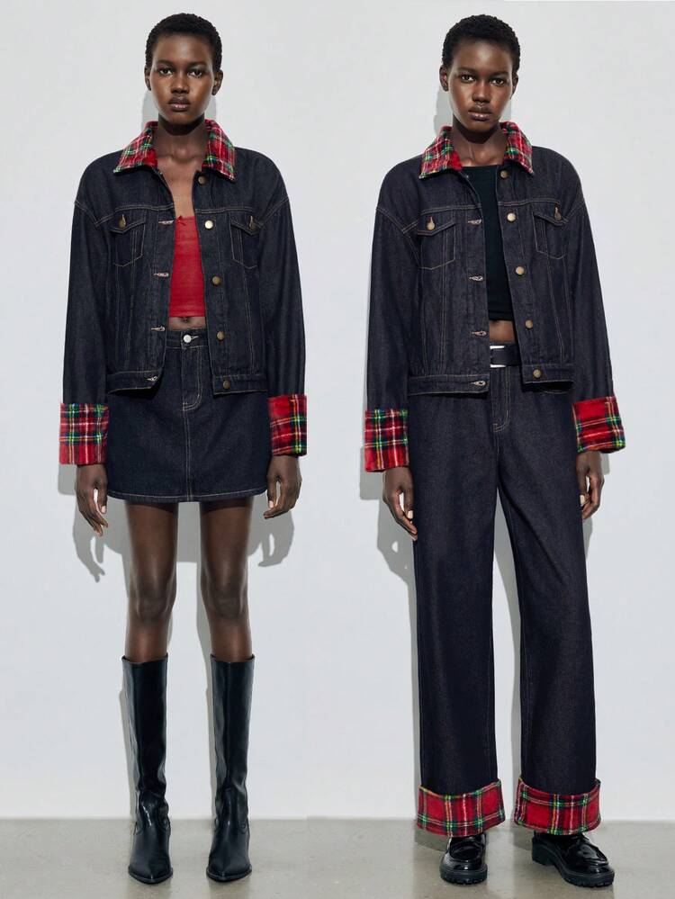 SHEIN Maija Amerikanische Retro Rot Kariert Patchwork Denim Jacke, Loose Fit, vielseitig Lässig Jacke, Winter Thermofutter Mantel, Weihnachten.