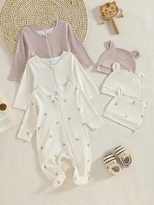3pcs/Set Newborn Long Sleeve Footed Jumpsuit, Minimalist Heart Full Print Envelope Collar Comfortable Outfit Set, Suitable For Cute Newborn & Infant Casual Wear - Multicolor - View 3