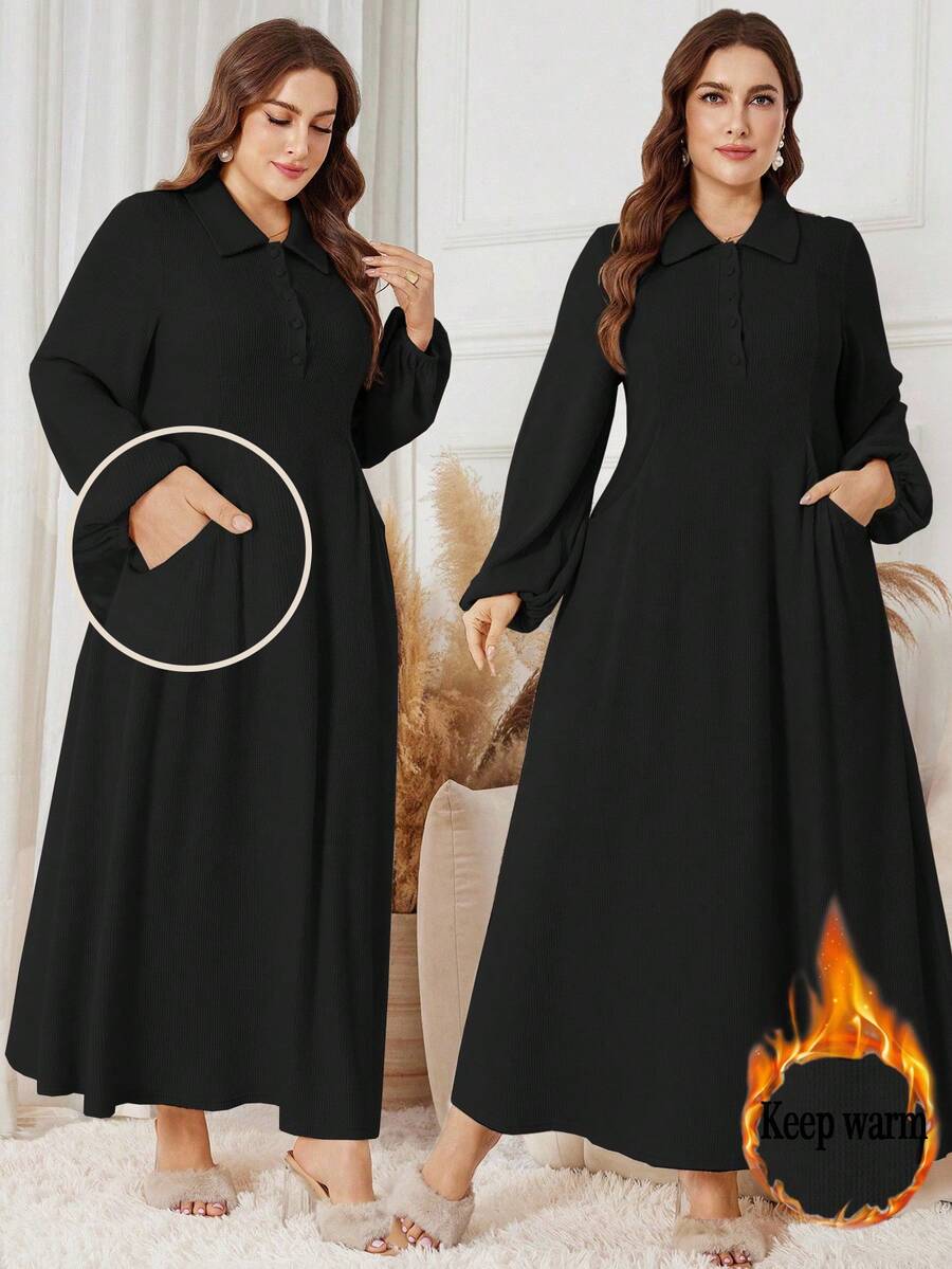 SHEIN Lacomfia 女士优雅休闲口袋半开襟领连衣裙 - 黑色 - 查看 1