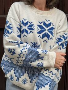 Vivie Lora Women's Loose Fit Crew Neck Christmas Snowflake All-Over Print Sweater, Blue - Blue - View 2