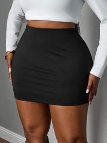 SHEIN PETITE CURVE 大码时尚百搭纯色修身半身裙 - 黑色 - 查看 4