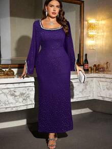 SHEIN Clasi 大码优雅派对水钻装饰修身连衣裙 - 紫色 - 查看 3