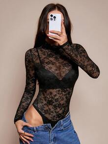 SHEIN PETITE Women's Floral Lace Stand Collar Long Sleeve Sexy Sheer Bodysuit Going Out Sexy Bodysuit,Spring Outfit Women