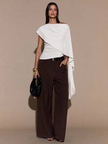 SHEIN BAE Women's Asymmetric Shoulder Ruched Neck Tie Knit Top, Elegant Fitted Sweater, Autumn/Winter