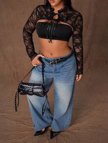 Rustia Top scurt din dantelă neagră, mărime plus, asortat cu bluză, semitransparent, versatil, mânecă lungă, legături în față, top scurt la modă