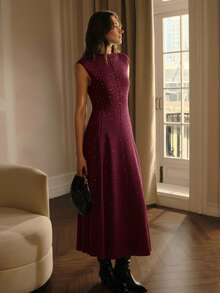 MOTF PREMIUM KNITTED SLEEVELESS RHINESTONE EMBELLISHED SWEATER DRESS - Burgundy - View 6
