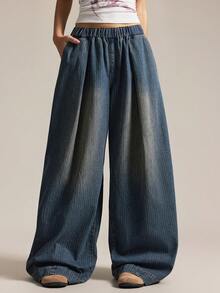 Easelle Quần jean ống rộng sọc xanh giặt thường ngày cho nữ - Rửa tối - Xem 1