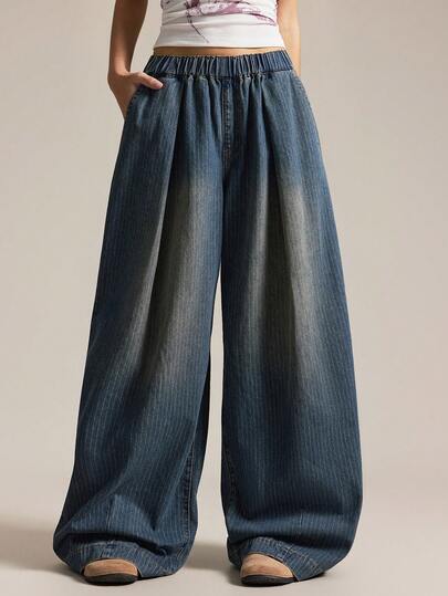 Easelle 休闲水洗蓝色条纹阔腿女式牛仔裤