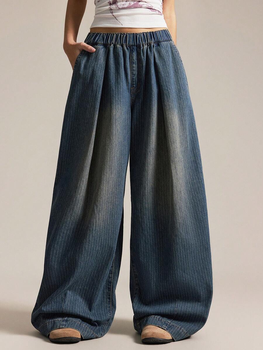 Easelle Quần jean ống rộng sọc xanh giặt thường ngày cho nữ - Rửa tối - Xem 1