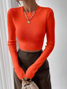 SHEIN Raffinéa 女士Y2K舒适针织套头毛衣，适合日常通勤、旅行和度假穿着，纯色上衣 - 橘色 - 查看 3