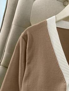 Franclia Áo khoác cardigan cổ chữ V phối màu thời trang ôm vừa vặn mới, đa năng và trẻ trung, mùa xuân/thu - Lạc đà - Xem 4