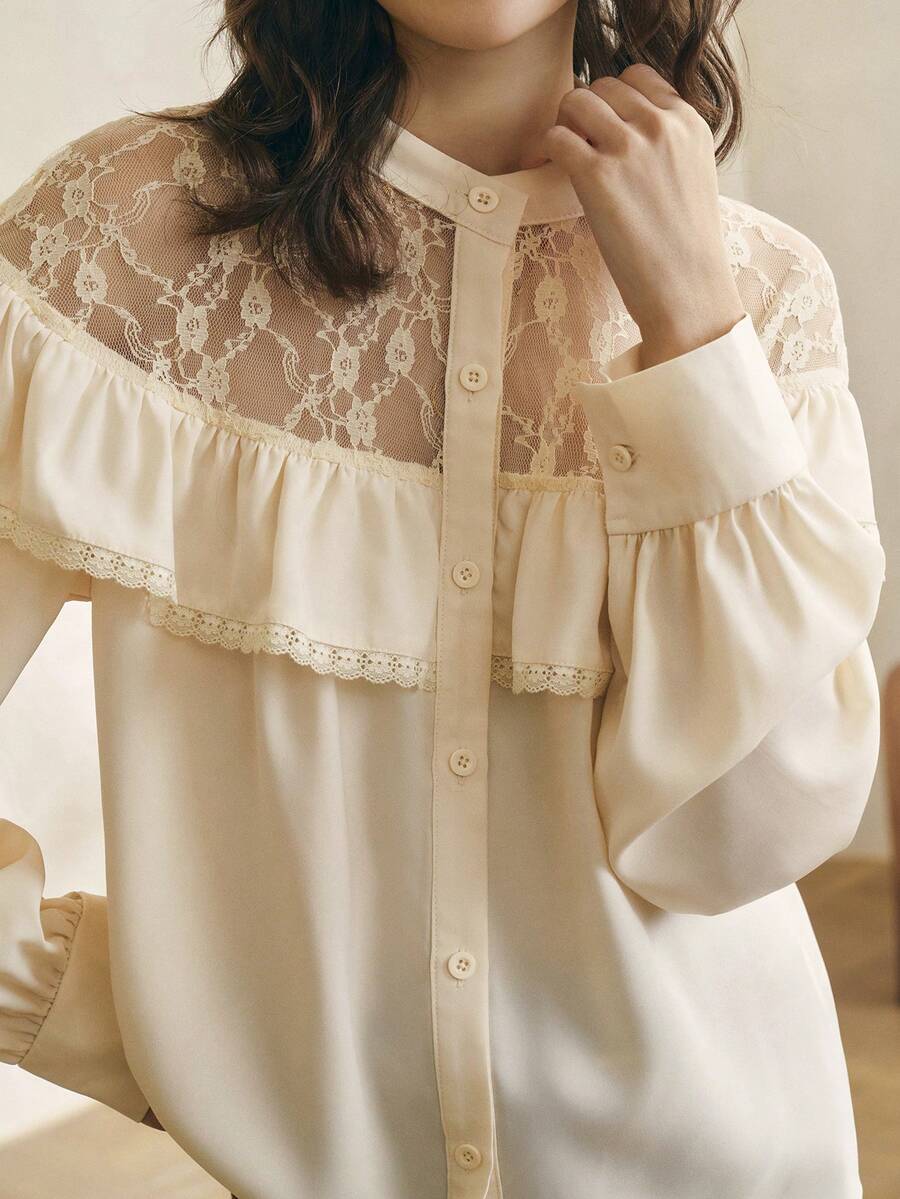 Cévolie Women's Spring/Autumn New French Lace Patchwork Romantic Ruffle Button Front Long Sleeve Blouse - Apricot - View 1