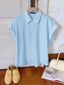 Comfortcana 女士休闲宽松短袖衬衫，夏季 - 藍色 - 查看 6