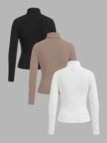 SHEIN EZwear 3件装女士针织高领保暖长袖T恤 - 咖啡棕 - 查看 2