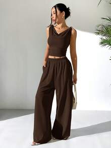 SHEIN EZwear 女士不对称肩部上衣和长裤套装，夏季 - 棕色 - 查看 3