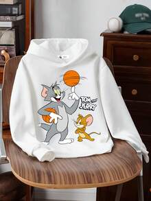 TOM & JERRY X SHEIN Tween Boy Casual Long Sleeve Hooded Sweatshirt, Suitable For Autumn/Winter - White - View 1