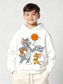TOM & JERRY X SHEIN Tween Boy Casual Long Sleeve Hooded Sweatshirt, Suitable For Autumn/Winter - White - View 6
