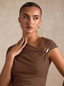 SHEIN BAE Áo thun tay ngắn họa tiết kim loại xếp ly thời trang, đa năng, phù hợp đi làm hàng ngày cho nữ - màu nâu - Xem 6