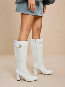 Daringsoles 女士时尚百搭通勤厚底高跟过膝长靴 - 白色 - 查看 5