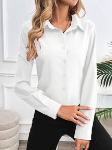 INAWLY Women's Plain Simple Long Sleeve Blouse Women Shirt - White - View 3