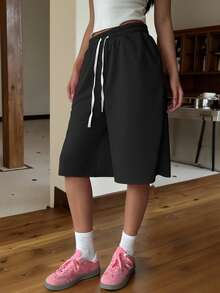 Muchica 女士抽绳腰部黑色针织阔腿百慕大短裤，休闲 - 黑色 - 查看 6