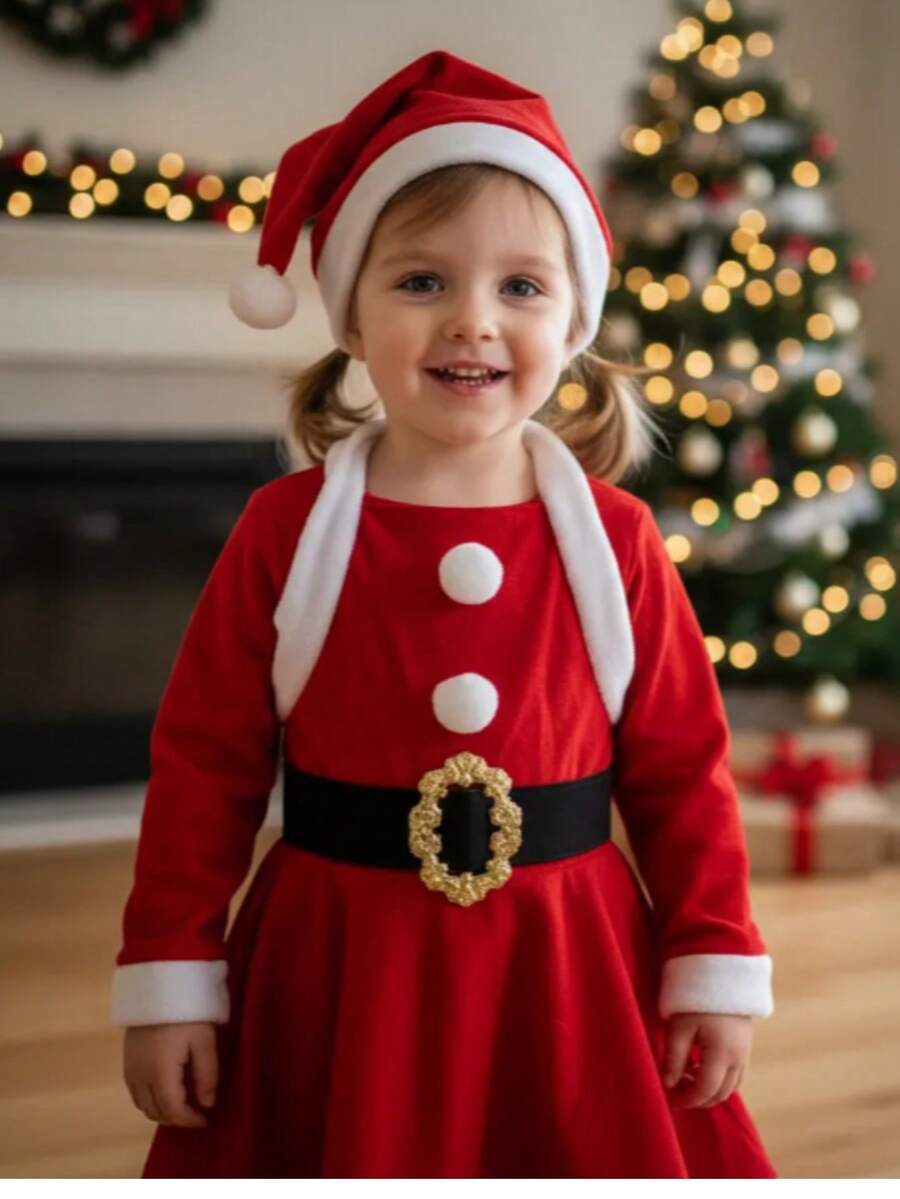 Disfraz Ayudante Santa Conjunto Vino Atuendo Navidad Niñas Infantil Papa Noel Invierno Pastorela - rojo - Ver 1