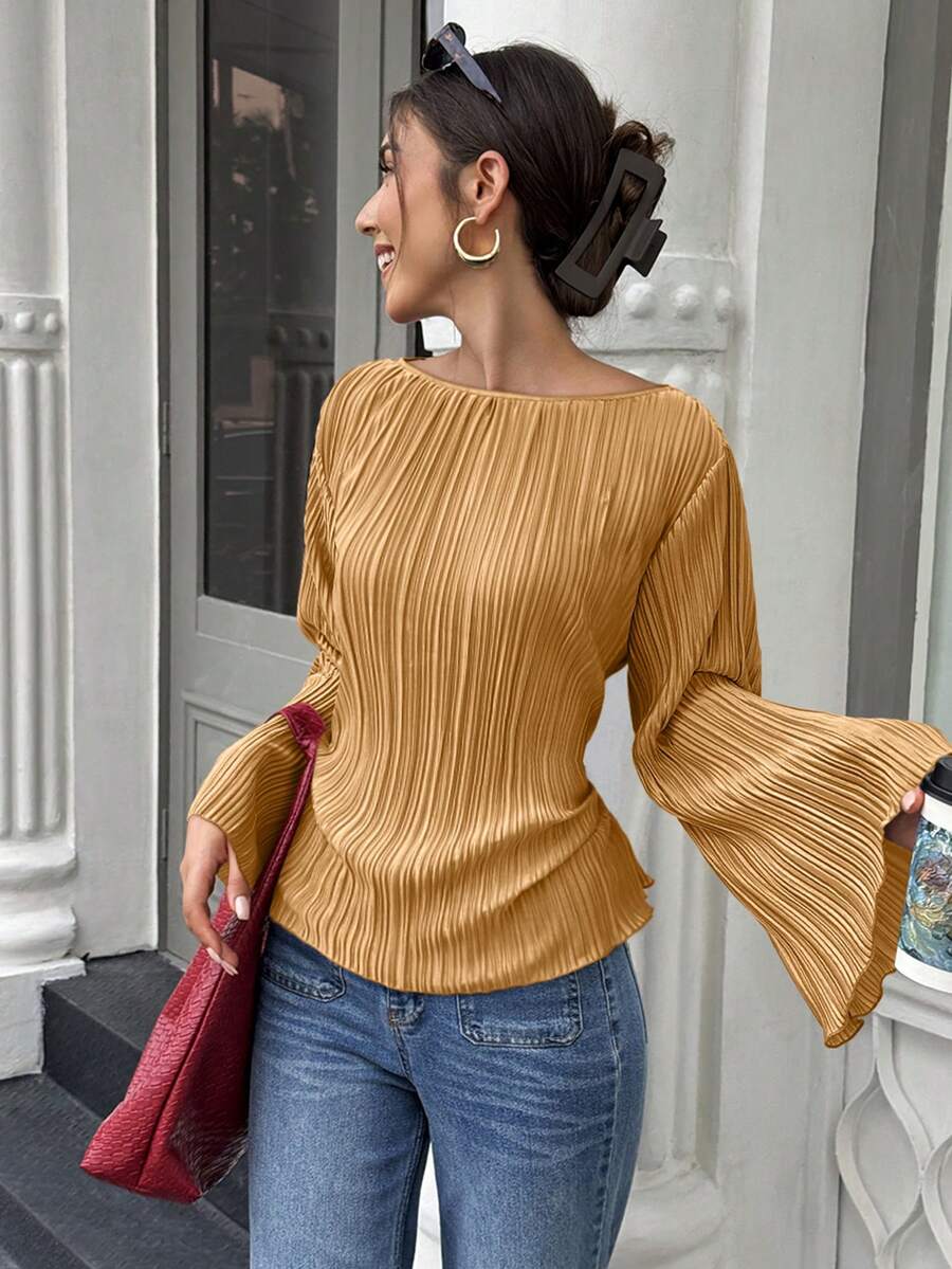 Elenzga Áo sơ mi xếp ly cổ tròn tay loe rộng thu đông - Màu Mù tạt vàng - Xem 1