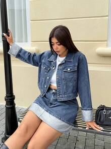 SHEIN ICON Váy chữ A denim cạp cao ôm sát cỡ lớn - Rửa trung bình - Xem 6