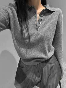 DAZY 舒适高档翻领秋冬优雅短款高领毛衣（女款） - 灰色 - 查看 4