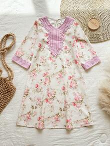 SHEIN Girls Yellow Ditsy Floral Long Sleeve Dress, Fashionable Ruffle Design Casual Wear For Outings, Spring/Autumn 7th Birthday - Pink - View 10