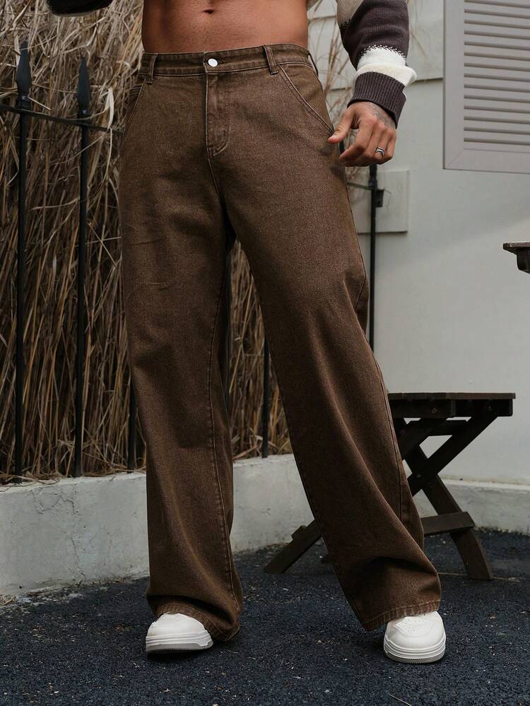 Men's Solid Brown Wide Leg Jeans, Autumn
