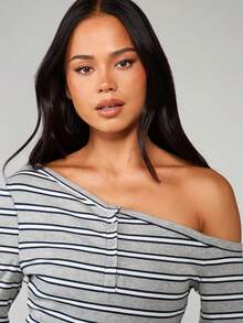 MISSGUIDED Asymmetric Off Shoulder Striped Henley Top With Button Details And Long Sleeves For Casual Fall Winter Styling - Multicolor - View 5
