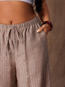Rustia Quần dài đi nghỉ thường ngày chất liệu vải lanh, cạp chun co giãn cỡ lớn - Màu be - Xem 4