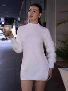 Andrea Bello 女士休闲纯色立领蓬松针织面板白色毛衣连衣裙，不含腰带 - 白色 - 查看 1