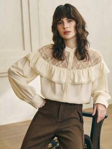 Cévolie Women's Spring/Autumn New French Lace Patchwork Romantic Ruffle Button Front Long Sleeve Blouse - Apricot - View 4