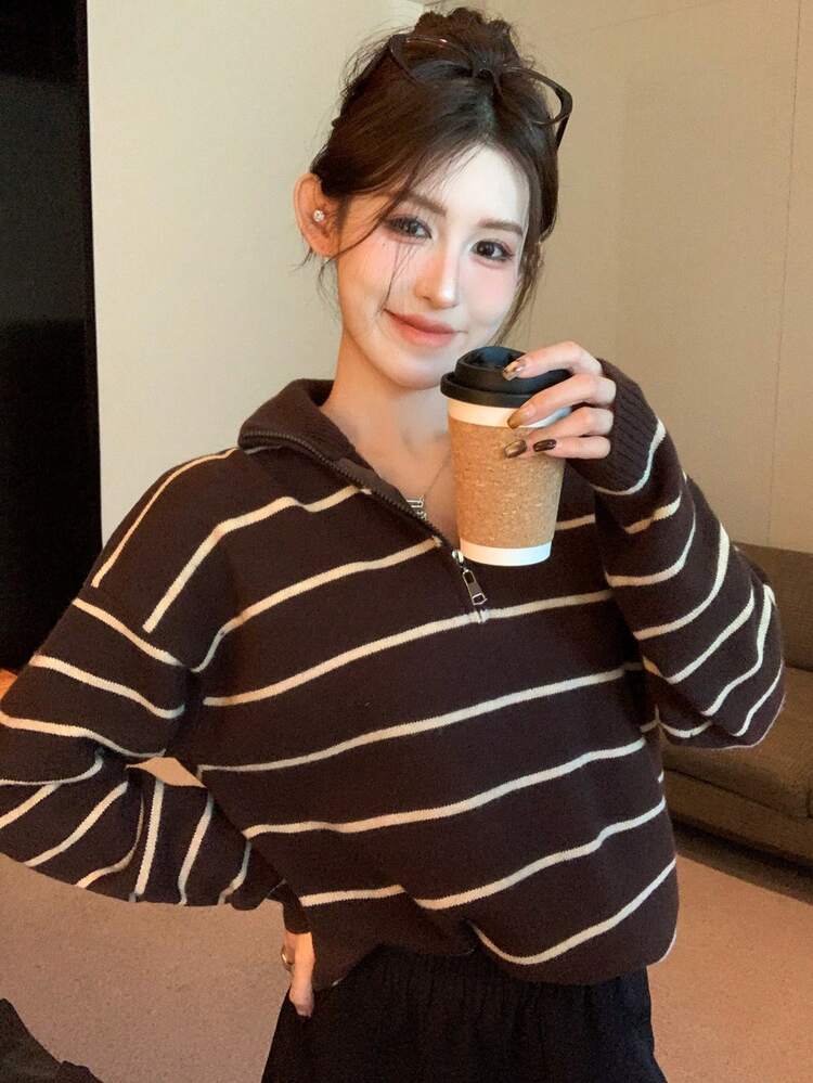 Striped Casual Loose Fit Half-Zip Long Sleeve T-Shirt For Women