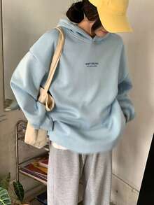 DAZY 宽松休闲街头风女式卫衣，适合秋季、春季和夏季穿着 - 藍色 - 查看 5