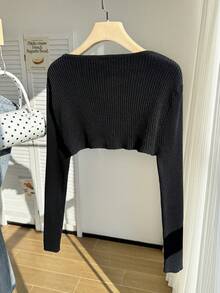 Comfortcana Suéter De Cárdigan Corto De Talla Grande Para Mujer, Con Color Sólido - Negro - Ver 2