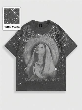 Goth T-shirt à manches courtes pour hommes avec ornements de strass de Vierge Marie, convient pour un port quotidien, printemps/été