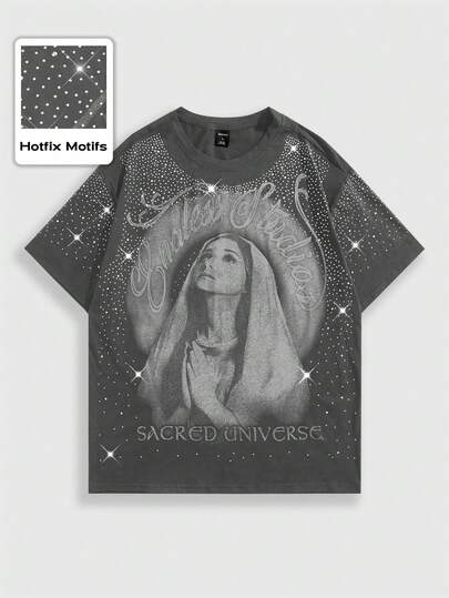 Goth Camiseta de manga corta para hombre con adornos de strass de la Virgen María, apta para uso diario, primavera/verano